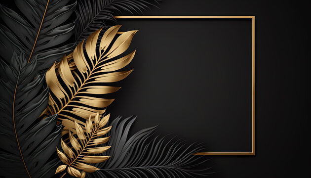 Luxury floral background with golden and black palm, monstera leaves frame on black background with empty space for text.