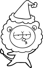 line drawing of a bored lion wearing santa hat