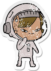 distressed sticker of a cartoon astronaut woman