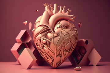 Abstract decorative pink human heart. Tech pink heart with geometric shapes 3D illustration. Stylized heart as a symbol of love. Generative Ai.