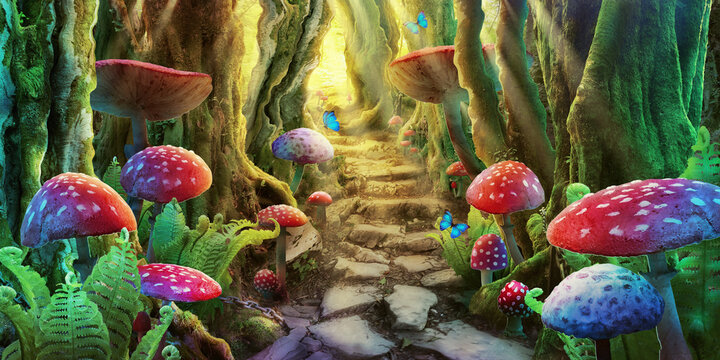 fantastic wonderland landscape with mushrooms.illustration to the fairy tale "Alice in Wonderland"	
