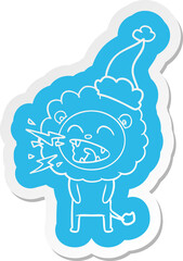 cartoon  sticker of a roaring lion wearing santa hat