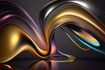Abstract liquid background on golden dark background. Colorful vivid color wavy fluid motion flow, rainbow gradient colors.