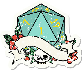natural one d20 dice roll grunge sticker