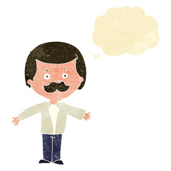 cartoon mustache man with open arms with thought bubble