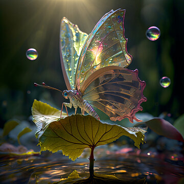 Futuristic, colourful butterfly in nature environment.