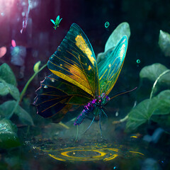 Futuristic, colourful butterfly in nature environment.