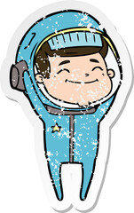 distressed sticker of a happy cartoon astronaut