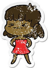 distressed sticker of a cartoon angry girl