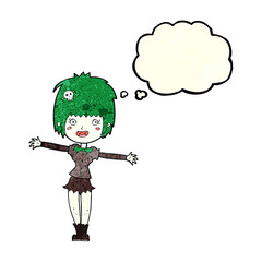 cartoon happy vampire girl with thought bubble