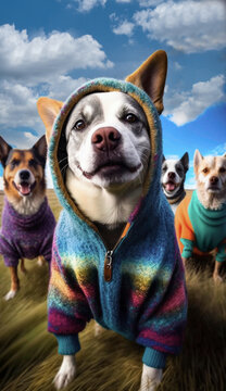 A group of dogs dressed in colorful sweaters posing for a selfie photo