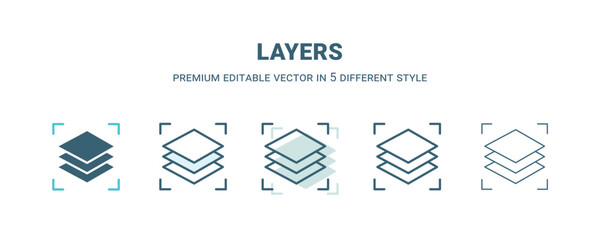layers icon in 5 different style. Outline, filled, two color, thin layers icon isolated on white background. Editable vector can be used web and mobile
