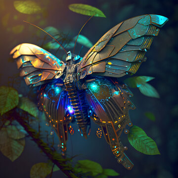 Futuristic, colourful butterfly in nature environment.