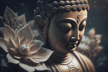 buddha statue and lotus flower. Generative AI
