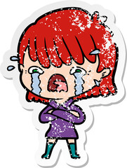 distressed sticker of a cartoon girl crying