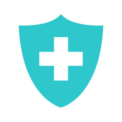 Medical health protection shield with cross. Healthcare medicine protected steel guard shield concept. Safety badge steel icon. Security safeguard metal label