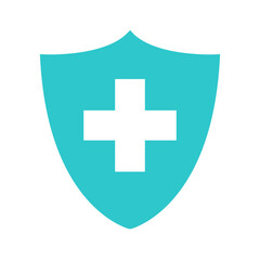 Fototapeta premium Medical health protection shield with cross. Healthcare medicine protected steel guard shield concept. Safety badge steel icon. Security safeguard metal label