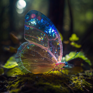 Futuristic, colourful butterfly in nature environment.