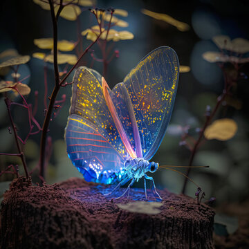 Fototapeta Futuristic, colourful butterfly in nature environment.
