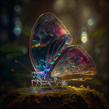 Futuristic, colourful butterfly in nature environment.