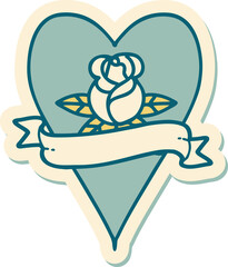 tattoo style sticker of a heart rose and banner