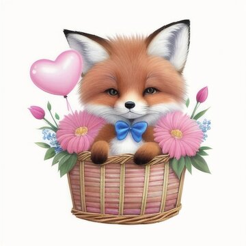 a picture of a fox in a basket with flowers and hearts on it's side, lovely postcard  illustration, ai generated