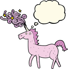 cartoon magical unicorn with thought bubble