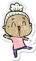 distressed sticker of a cartoon happy old lady