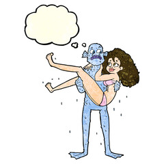 cartoon swamp monster carrying woman in bikini with thought bubble