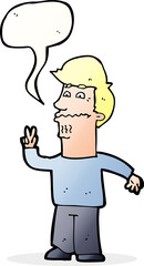 cartoon man giving peace sign with speech bubble