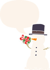 cartoon snowman and speech bubble in retro style