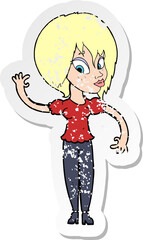 retro distressed sticker of a cartoon woman waving