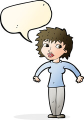 cartoon woman shrugging shoulders with speech bubble
