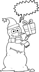 speech bubble cartoon snowman holding present