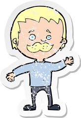 retro distressed sticker of a cartoon man with mustache waving