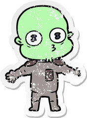 distressed sticker of a cartoon weird bald spaceman