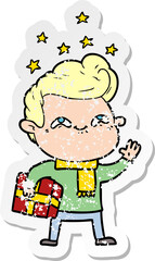 distressed sticker of a cartoon excited man