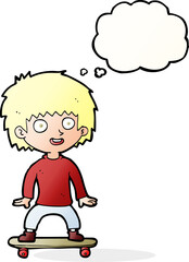 cartoon boy on skateboard with thought bubble