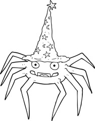 black and white cartoon halloween spider in witch hat