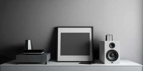 Minimalist media console with sleek design and built-in speakers Charcoal grey, black colored frame. generative ai