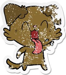 distressed sticker of a cartoon panting dog