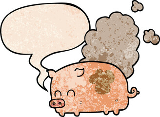 cartoon smelly pig and speech bubble in retro texture style
