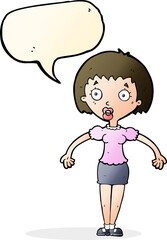 cartoon confused woman shrugging shoulders with speech bubble