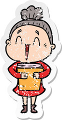 distressed sticker of a cartoon happy old lady