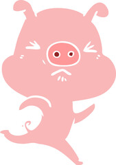 flat color style cartoon annoyed pig running