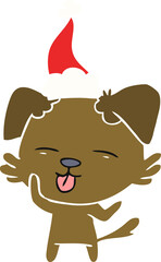 flat color illustration of a dog sticking out tongue wearing santa hat