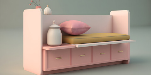 Scandinavian style bench with pink seat cushion and storage shelf underneath