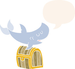 cartoon shark swimming over treasure chest and speech bubble in retro style