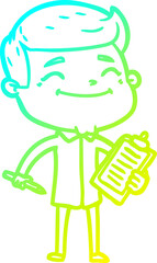 cold gradient line drawing happy cartoon man taking survey