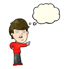 cartoon shocked man pointing with thought bubble